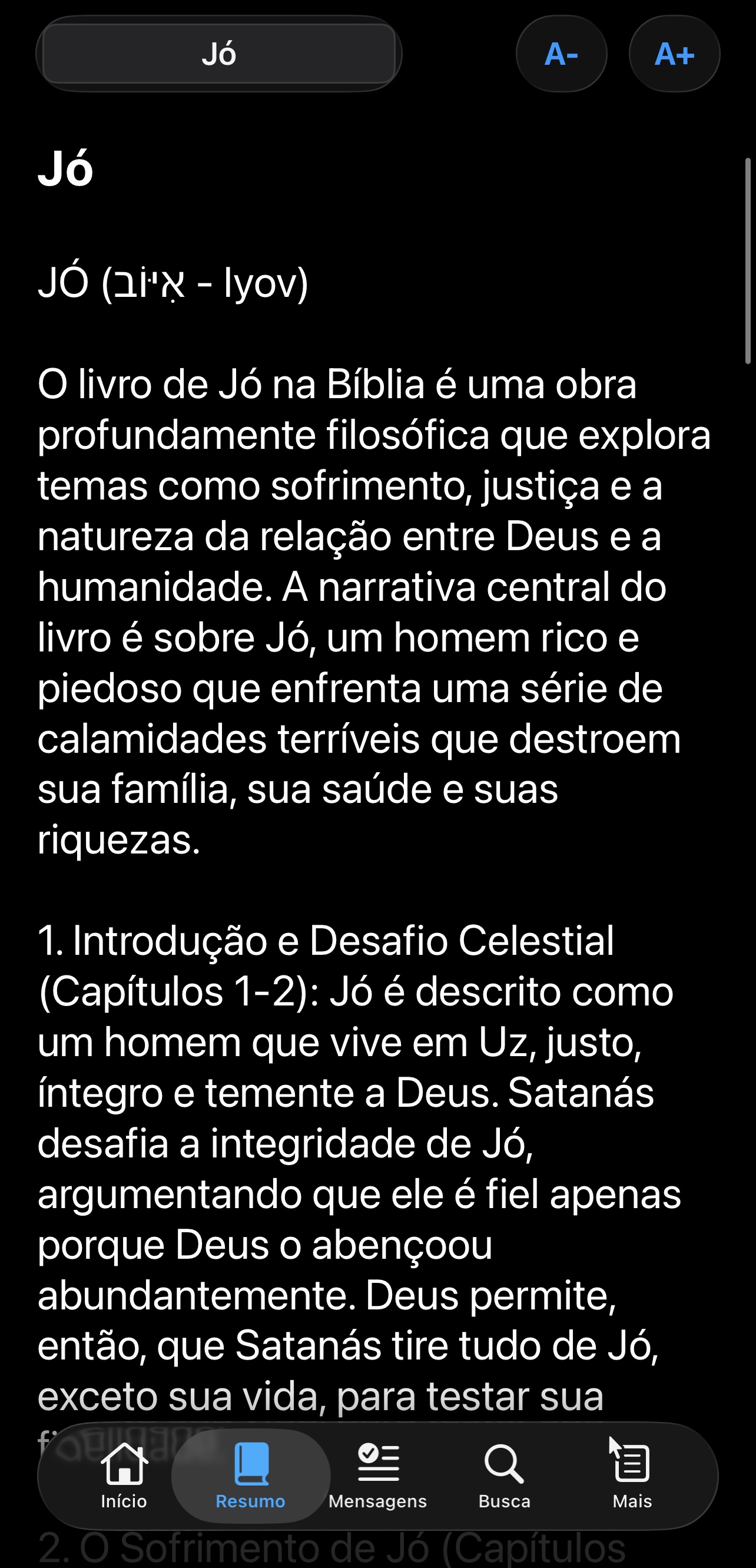 Tela do app Bíblia Resumo - Reflexão 2